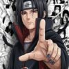 Itachi Uchiha Anime Poster – Naruto Wall Art Alt Text Itachi Uchiha from Naruto wearing his Akatsuki cloak with Sharingan eyes and manga panels in the background