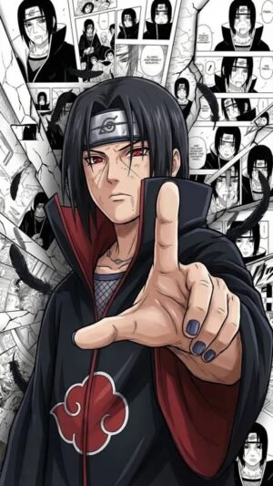 Itachi Uchiha Anime Poster – Naruto Wall Art Alt Text Itachi Uchiha from Naruto wearing his Akatsuki cloak with Sharingan eyes and manga panels in the background