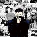 Satoru Gojo wearing his iconic black outfit surrounded by dramatic Jujutsu Kaisen manga panels