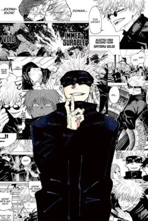 Satoru Gojo wearing his iconic black outfit surrounded by dramatic Jujutsu Kaisen manga panels