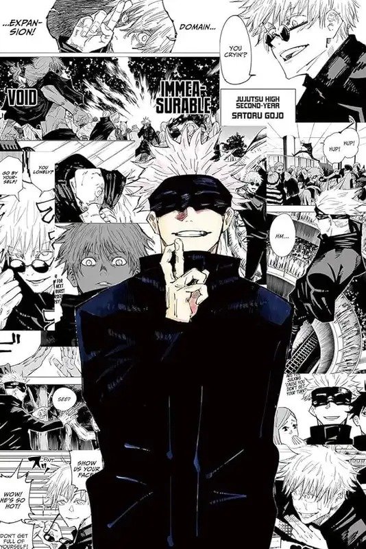 Satoru Gojo wearing his iconic black outfit surrounded by dramatic Jujutsu Kaisen manga panels