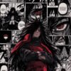 Madara Uchiha in red armor surrounded by Sharingan eyes and dramatic black-and-white manga panels