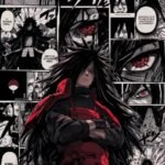 Madara Uchiha in red armor surrounded by Sharingan eyes and dramatic black-and-white manga panels