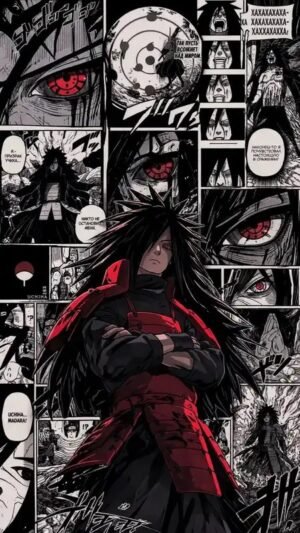 Madara Uchiha Anime Poster – Naruto Manga Wall Art Madara Uchiha in red armor surrounded by Sharingan eyes and dramatic black-and-white manga panels