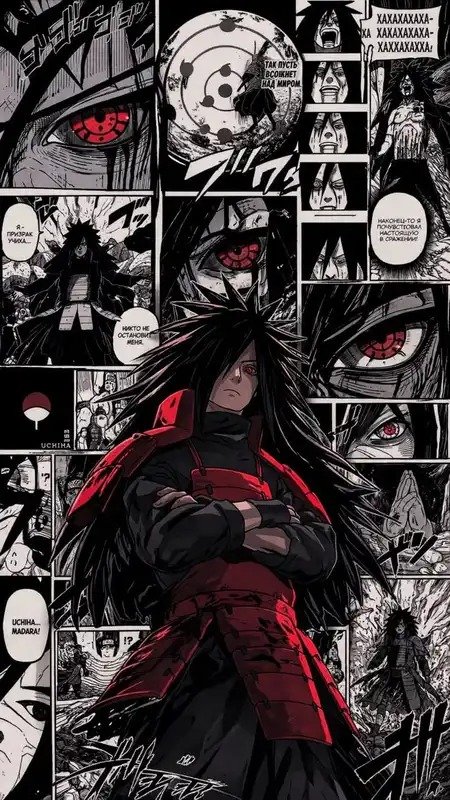 Madara Uchiha in red armor surrounded by Sharingan eyes and dramatic black-and-white manga panels