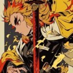 Kyojuro Rengoku holding his sword surrounded by vibrant flames in a bold Demon Slayer-inspired artwork