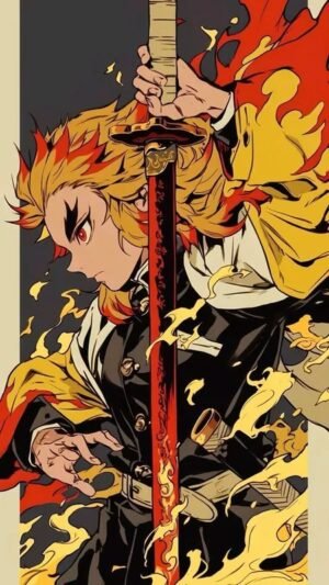 Kyojuro Rengoku holding his sword surrounded by vibrant flames in a bold Demon Slayer-inspired artwork