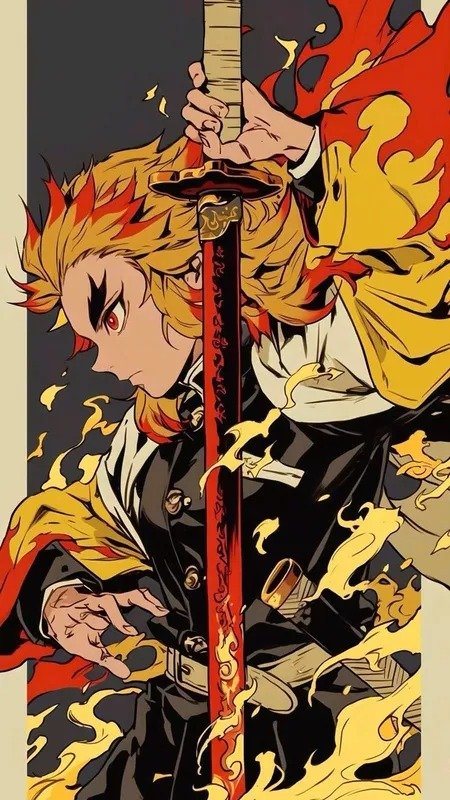 Kyojuro Rengoku holding his sword surrounded by vibrant flames in a bold Demon Slayer-inspired artwork