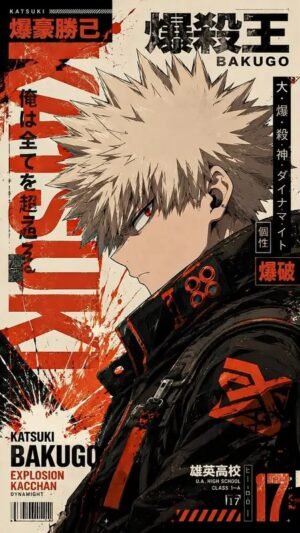 Katsuki Bakugo Anime Poster – My Hero Academia Wall Art Katsuki Bakugo in his hero costume with red and black graphic elements and Japanese typography