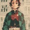 Tanjiro Kamado wearing his iconic green and black checkered haori against a vintage Japanese newspaper-style background