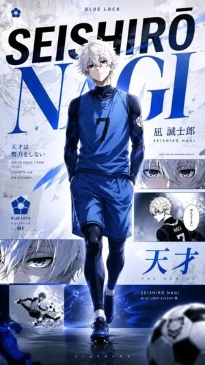 Seishiro Nagi Blue Lock Poster – Anime Football Wall Art Seishiro Nagi wearing his blue football kit with manga panels, bold typography, and football graphics