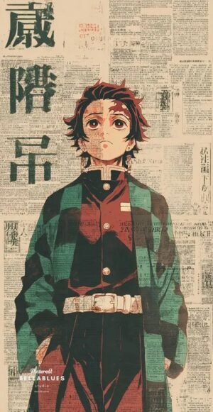Tanjiro Kamado Anime Poster – Demon Slayer Vintage Wall Art Tanjiro Kamado wearing his iconic green and black checkered haori against a vintage Japanese newspaper-style background