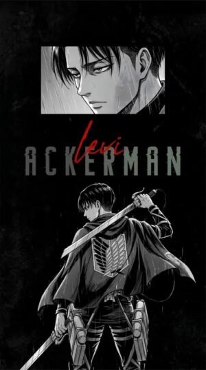 Levi Ackerman Anime Poster – Attack on Titan Dark Wall Art Levi Ackerman holding a sword in his Survey Corps uniform with a monochrome portrait and red typography