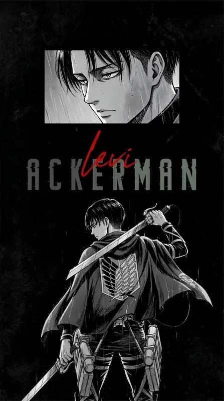 Levi Ackerman Anime Poster – Attack on Titan Dark Wall Art Levi Ackerman holding a sword in his Survey Corps uniform with a monochrome portrait and red typography