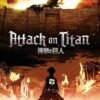 Attack on Titan poster showing a towering Titan behind massive walls and a soldier standing in a burning city