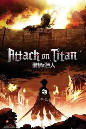 Attack on Titan Poster – Titan and Burning City Anime Wall Art Attack on Titan poster showing a towering Titan behind massive walls and a soldier standing in a burning city