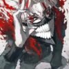 Anime-inspired masked character artwork with a skeletal grin, glowing red eye, and dramatic red, black, white, and grey brush-stroke background.