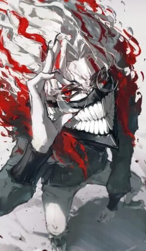 Dark Mask Anime Poster – Red Eye & Skull Grin Anime-inspired masked character artwork with a skeletal grin, glowing red eye, and dramatic red, black, white, and grey brush-stroke background.