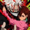 Anime artwork featuring a masked white-haired character with a skeletal grin beside a female character in pink, set against a vivid red and neon-green background.