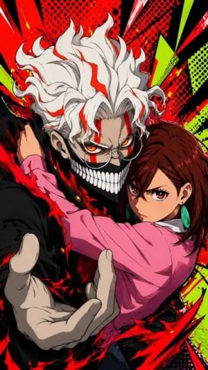 Masked Anime Duo β Red & Neon Street Art Poster Anime artwork featuring a masked white-haired character with a skeletal grin beside a female character in pink, set against a vivid red and neon-green background.