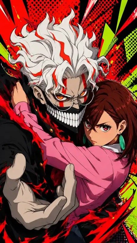 Anime artwork featuring a masked white-haired character with a skeletal grin beside a female character in pink, set against a vivid red and neon-green background.