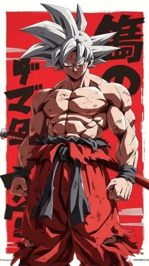 Goku Ultra Instinct Red Anime Poster Goku with silver hair in a powerful pose, wearing a red and black outfit against a bold red background with Japanese-style graphic elements.
