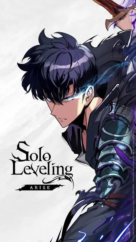 Sung Jin-Woo from Solo Leveling in dark armor with glowing blue energy against a white background.