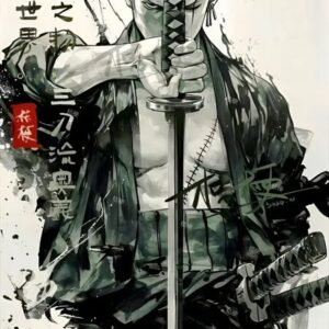 Anime swordsman holding a katana in front of his face, surrounded by Japanese calligraphy and ink-style artwork.