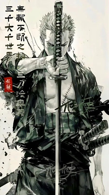 Roronoa Zoro Samurai Anime Poster Anime swordsman holding a katana in front of his face, surrounded by Japanese calligraphy and ink-style artwork.