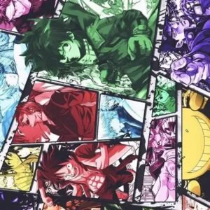 Colorful anime character collage featuring multiple manga and anime characters in red, green, purple, blue, and orange panels.