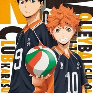 Haikyuu anime poster featuring Tobio Kageyama and Shoyo Hinata in Karasuno volleyball uniforms holding a volleyball.