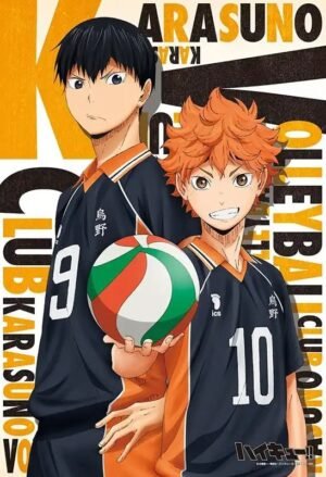 Haikyuu Karasuno Kageyama and Hinata Anime Poster Haikyuu anime poster featuring Tobio Kageyama and Shoyo Hinata in Karasuno volleyball uniforms holding a volleyball.