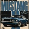 Vintage-style poster featuring a blue 1969 Ford Mustang with bold retro typography and classic racing-inspired graphics.