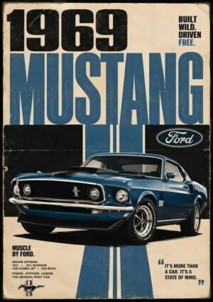 1969 Ford Mustang – Classic American Muscle Car Poster Vintage-style poster featuring a blue 1969 Ford Mustang with bold retro typography and classic racing-inspired graphics.