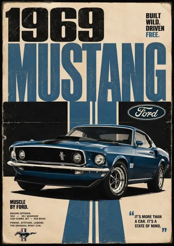 Vintage-style poster featuring a blue 1969 Ford Mustang with bold retro typography and classic racing-inspired graphics.