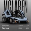 McLaren Senna supercar poster featuring a sleek silver-grey sports car with butterfly doors open.