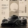 Pagani Zonda R track-focused hypercar in black and silver, featured on a minimalist vintage-style poster with technical details and Pagani branding.
