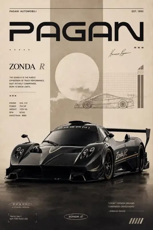 Pagani Zonda R track-focused hypercar in black and silver, featured on a minimalist vintage-style poster with technical details and Pagani branding.