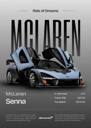 McLaren Senna supercar poster featuring a sleek silver-grey sports car with butterfly doors open.