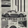 Black-and-white vintage-style poster featuring a Porsche 911 Turbo S sports car in a side profile with close-up detail shots.
