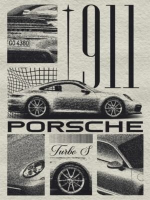 Black-and-white vintage-style poster featuring a Porsche 911 Turbo S sports car in a side profile with close-up detail shots.