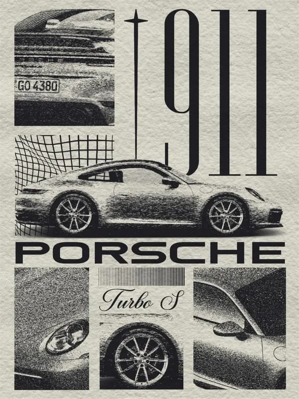 Black-and-white vintage-style poster featuring a Porsche 911 Turbo S sports car in a side profile with close-up detail shots.