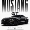 Ford Mustang GT Black American Muscle Car Poster Black Ford Mustang GT sports car poster featuring an American muscle car with performance specifications.