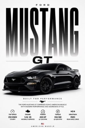 Ford Mustang GT Black American Muscle Car Poster Black Ford Mustang GT sports car poster featuring an American muscle car with performance specifications.