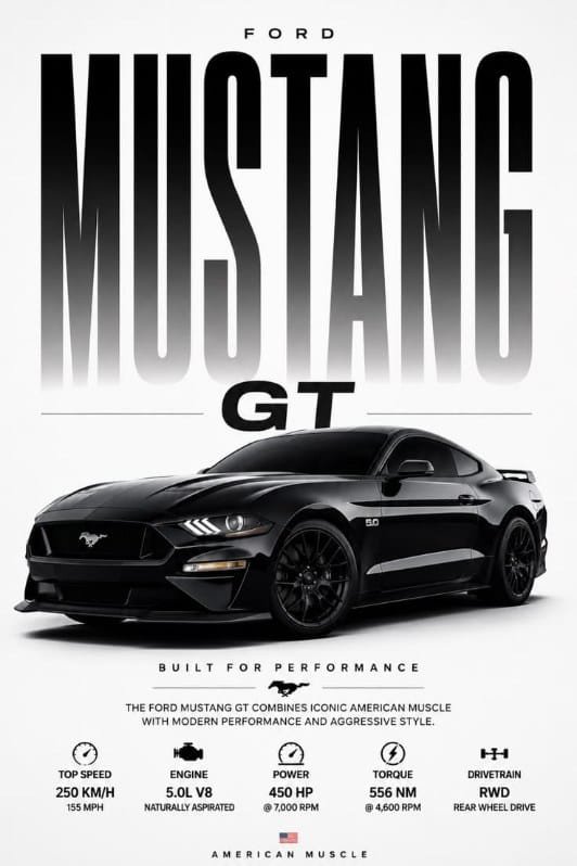 Ford Mustang GT Black American Muscle Car Poster Black Ford Mustang GT sports car poster featuring an American muscle car with performance specifications.