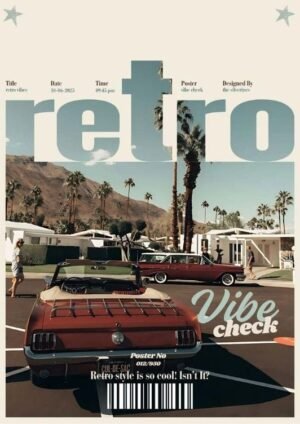 Retro California Vibe Check Vintage Car Poster Vintage retro poster featuring a classic red convertible parked on a sunny California street with palm trees, mountains, and mid-century architecture.