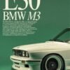 BMW E30 M3 Classic Performance Car Poster Vintage-style BMW E30 M3 poster featuring the front section of a white classic sports car against a dark green background.