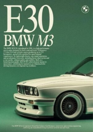 BMW E30 M3 Classic Performance Car Poster Vintage-style BMW E30 M3 poster featuring the front section of a white classic sports car against a dark green background.