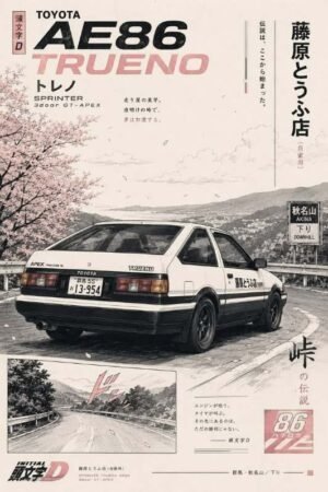 Toyota AE86 Trueno – Initial D Mountain Road Poster Toyota AE86 Trueno Sprinter in a retro Japanese mountain-road poster with cherry blossoms.