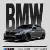 BMW M5 performance sedan in dark grey with BMW Motorsport styling and specifications displayed on a minimalist poster.